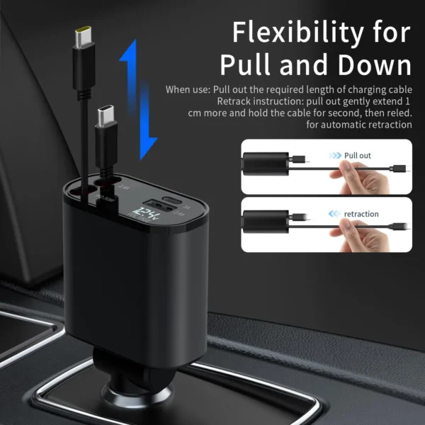 120W 4 in 1 Retractable Car Charger Mobile Phone USB PD Type C Cable for Iphone Fast Charge Cord Cigarette Lighter QC Adapter - Image 5