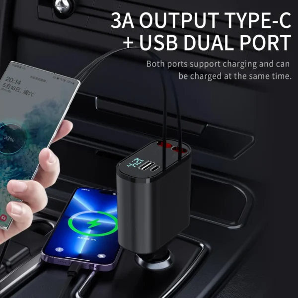 120W 4 in 1 Retractable Car Charger Mobile Phone USB PD Type C Cable for Iphone Fast Charge Cord Cigarette Lighter QC Adapter - Image 8