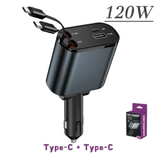 120W 4 in 1 Retractable Car Charger Mobile Phone USB PD Type C Cable for Iphone Fast Charge Cord Cigarette Lighter QC Adapter