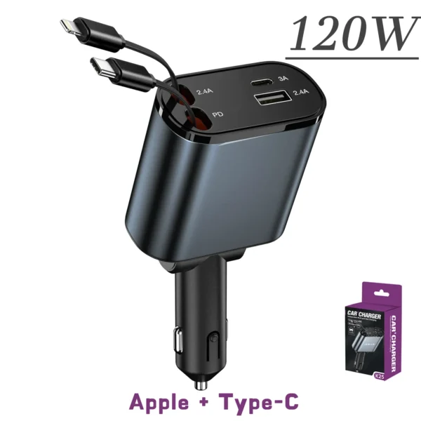 120W 4 in 1 Retractable Car Charger Mobile Phone USB PD Type C Cable for Iphone Fast Charge Cord Cigarette Lighter QC Adapter - Image 9